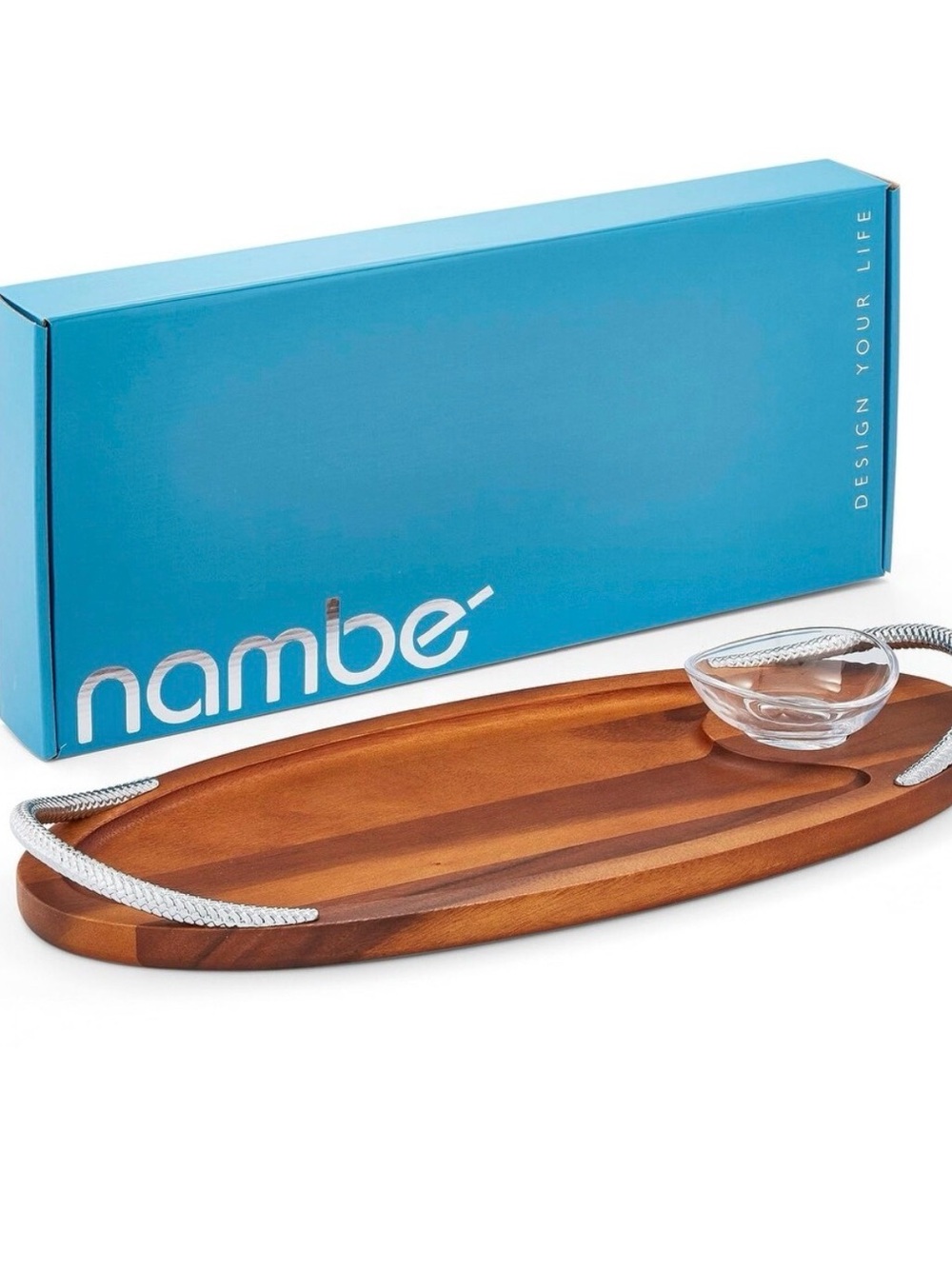 New Nambe Wood Serving Tray with Silver Rope Handles and Clear Glass Bowl